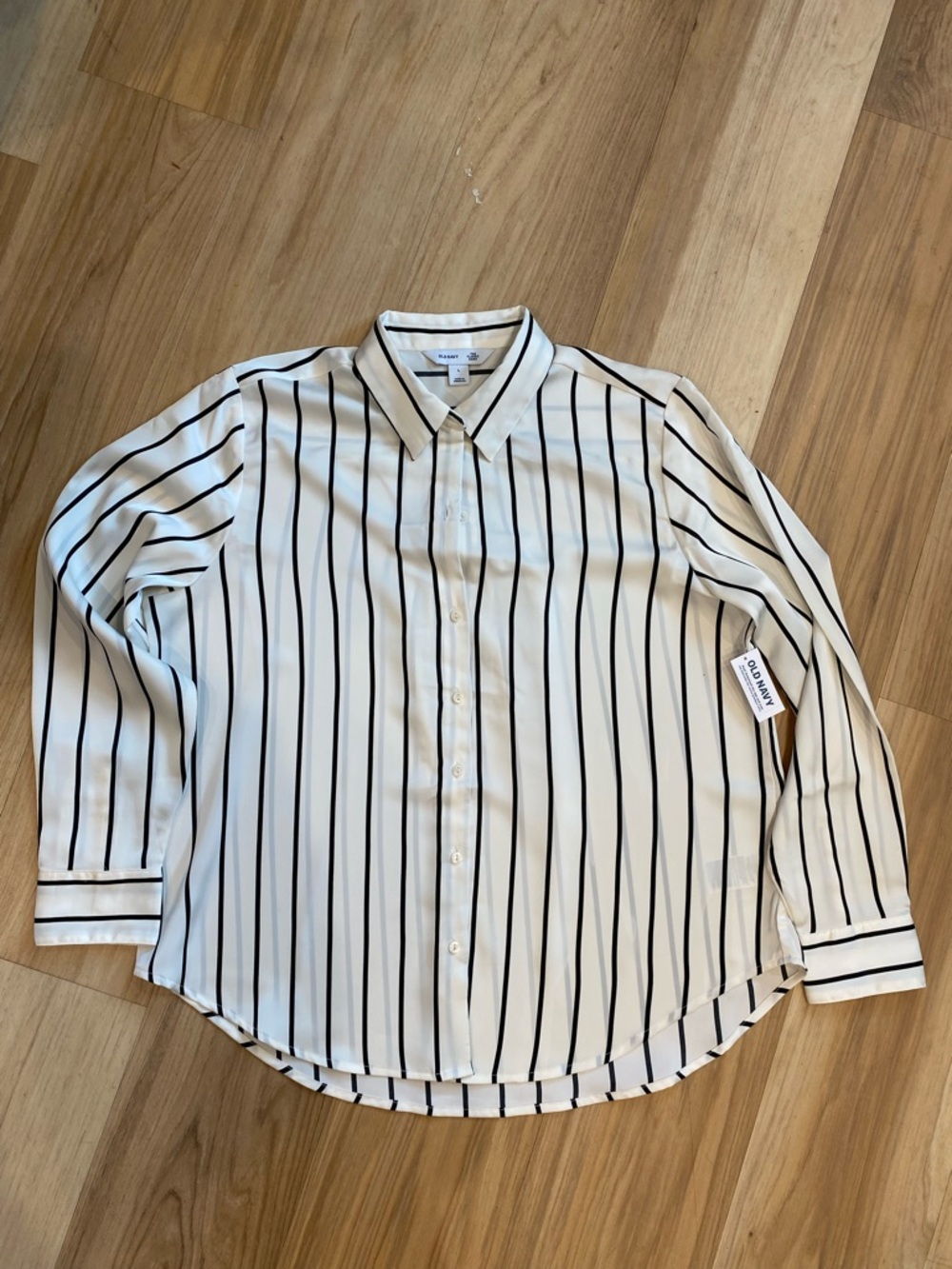 Old Navy Satin Button-Down Shirt | Large White Black Vertical Stripes